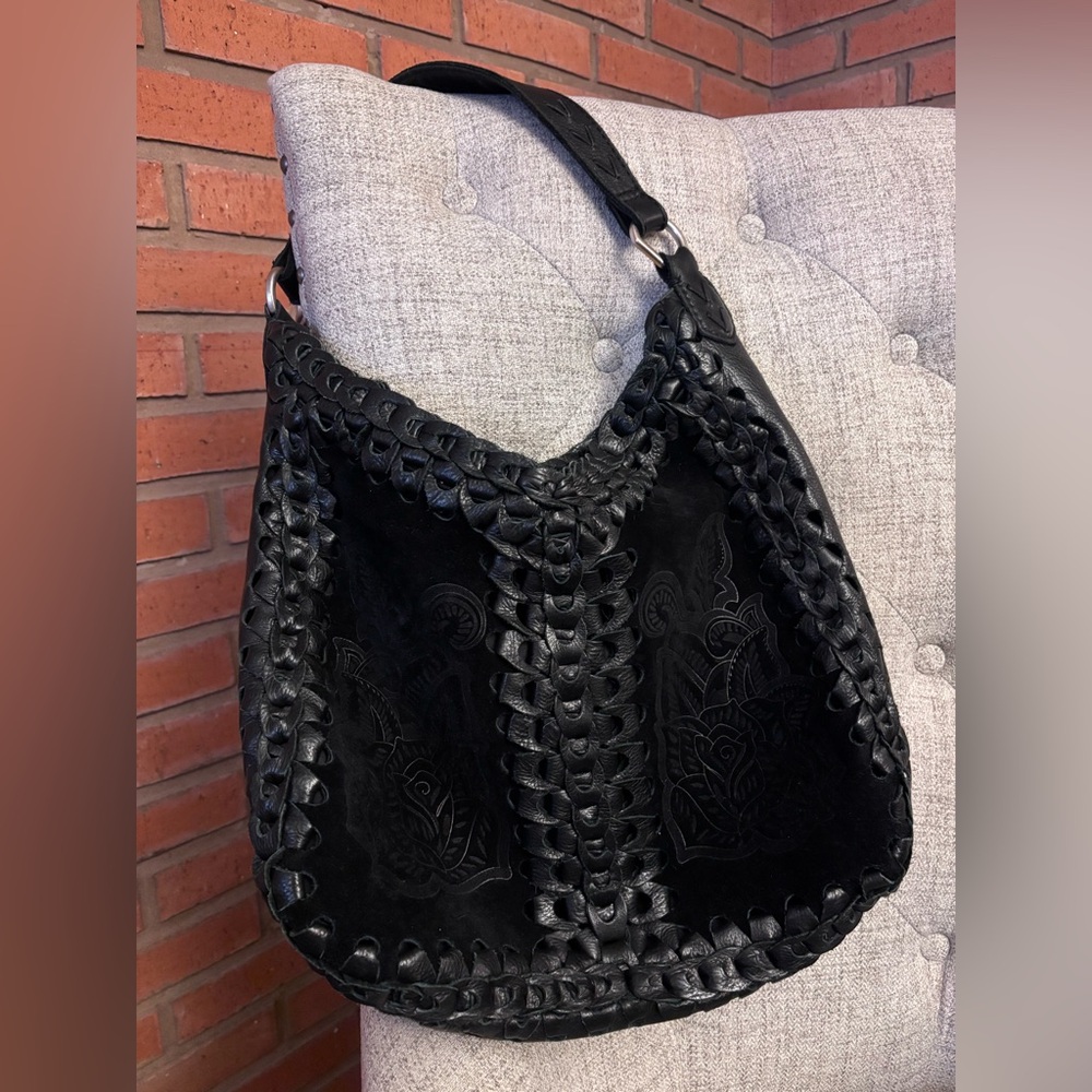 Rare Lucky Brand Black Leather Woven Suede Bag❤️❤️❤️
